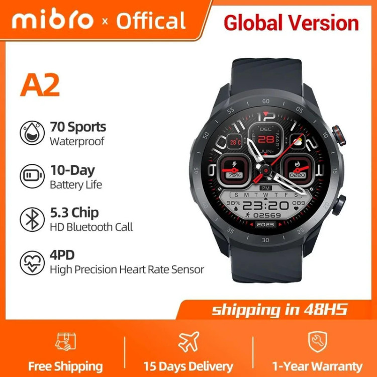 ساعت هوشمند میبرو مدل A2 XPAW015، مناسب برای ورزش، روزمره، دارای قابلیتهای صفحه نمایش لمسی، بند سیلیکون، فرم صفحه گرد
